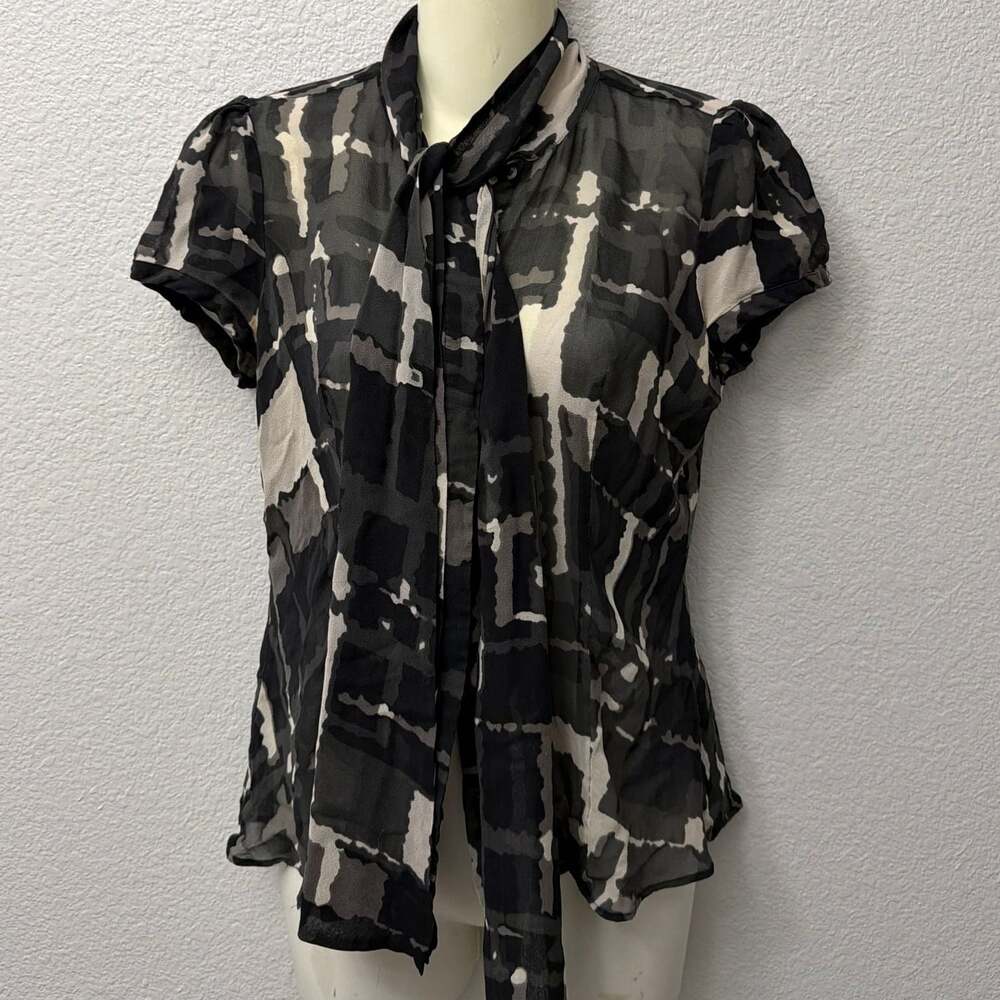 Express Studio Black and Gray Geometric Abstract Tie-Neck Chiffon sheer Blouse